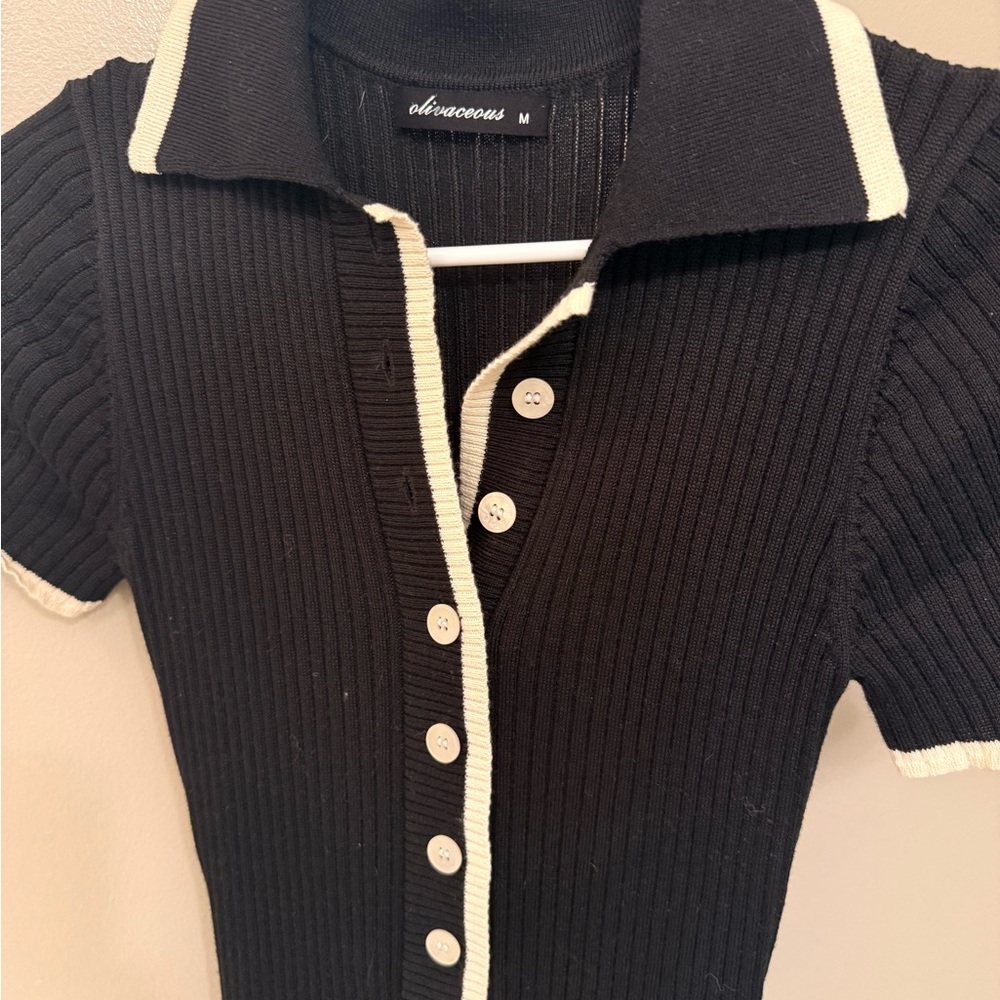 Black Ribbed Knit Collared Button Front Dress - Picture 5 of 5